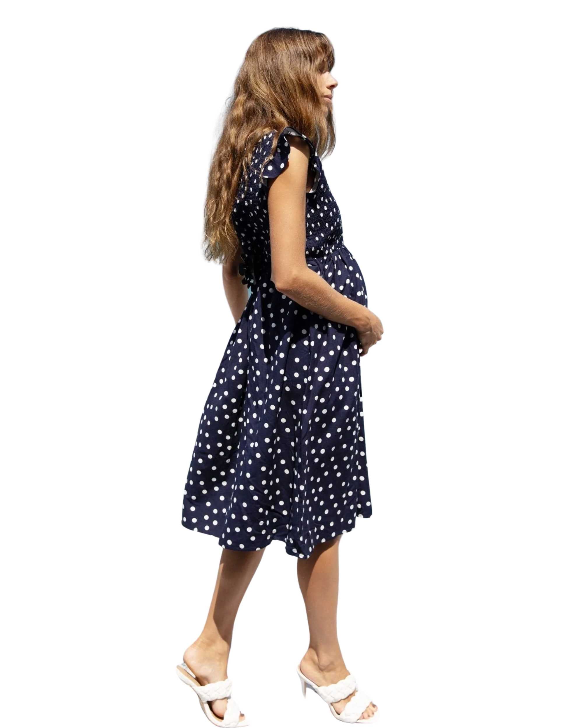 Angel Maternity 'Donna' Linen Dress - Navy Polkadot