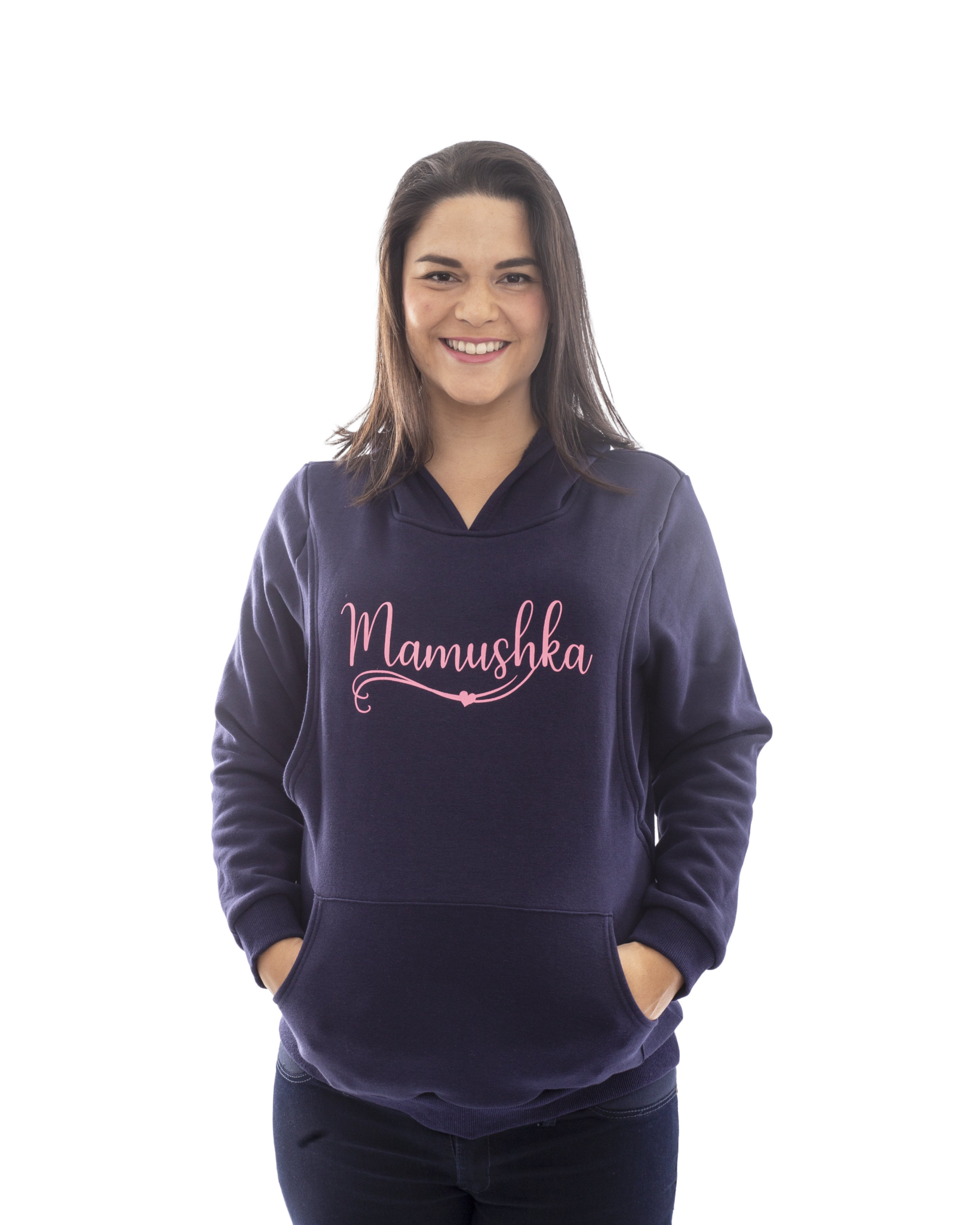 Mamushka Fleece Lined Maternity & Nursing Hoodie - Navy / Pink Print