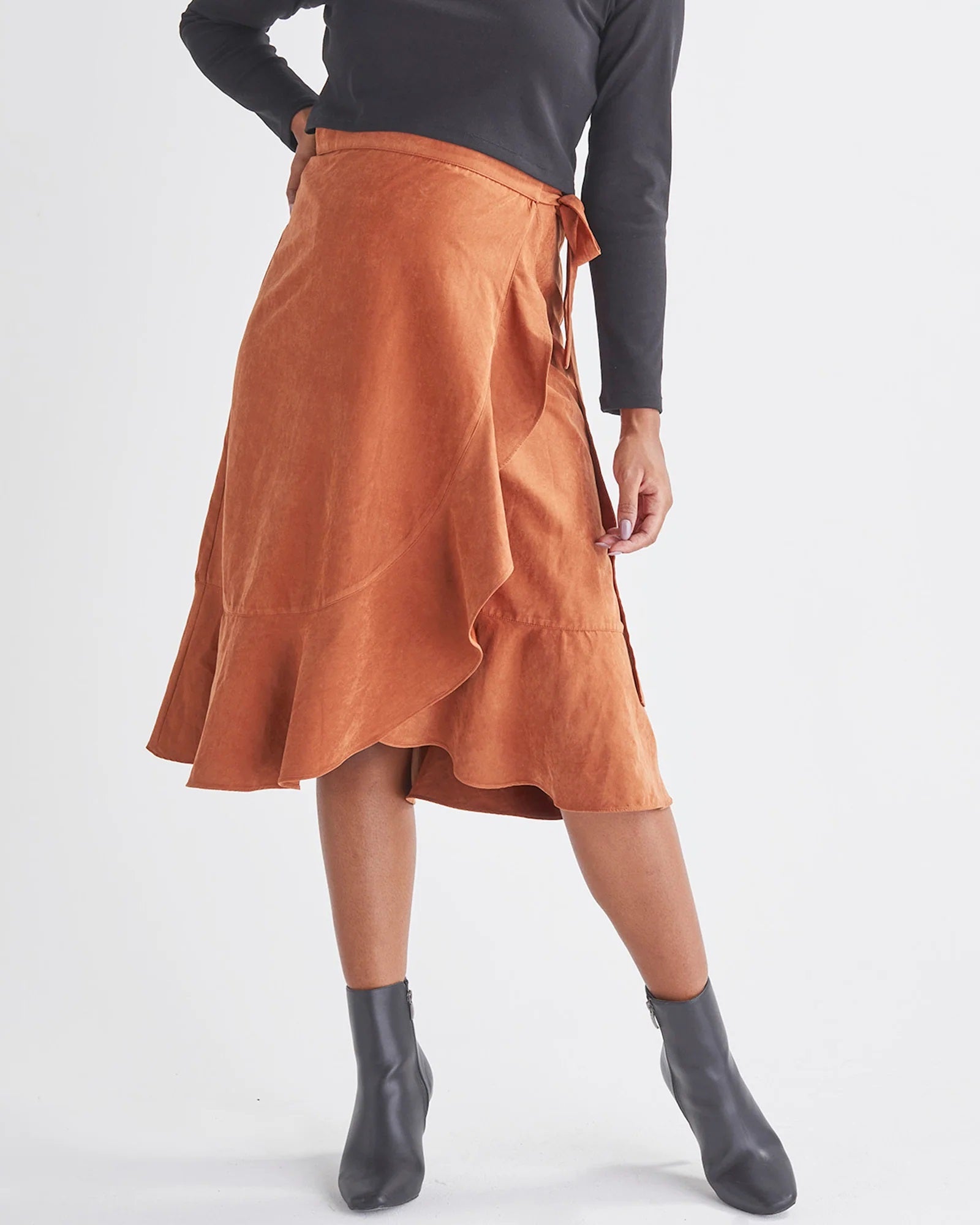 'Christie' Vegan-Suede Wrap Midi Skirt - Honey