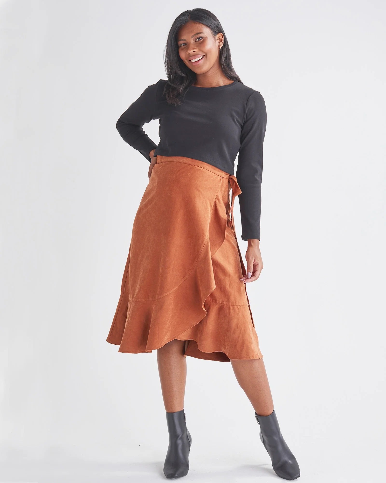 'Christie' Vegan-Suede Wrap Midi Skirt - Honey