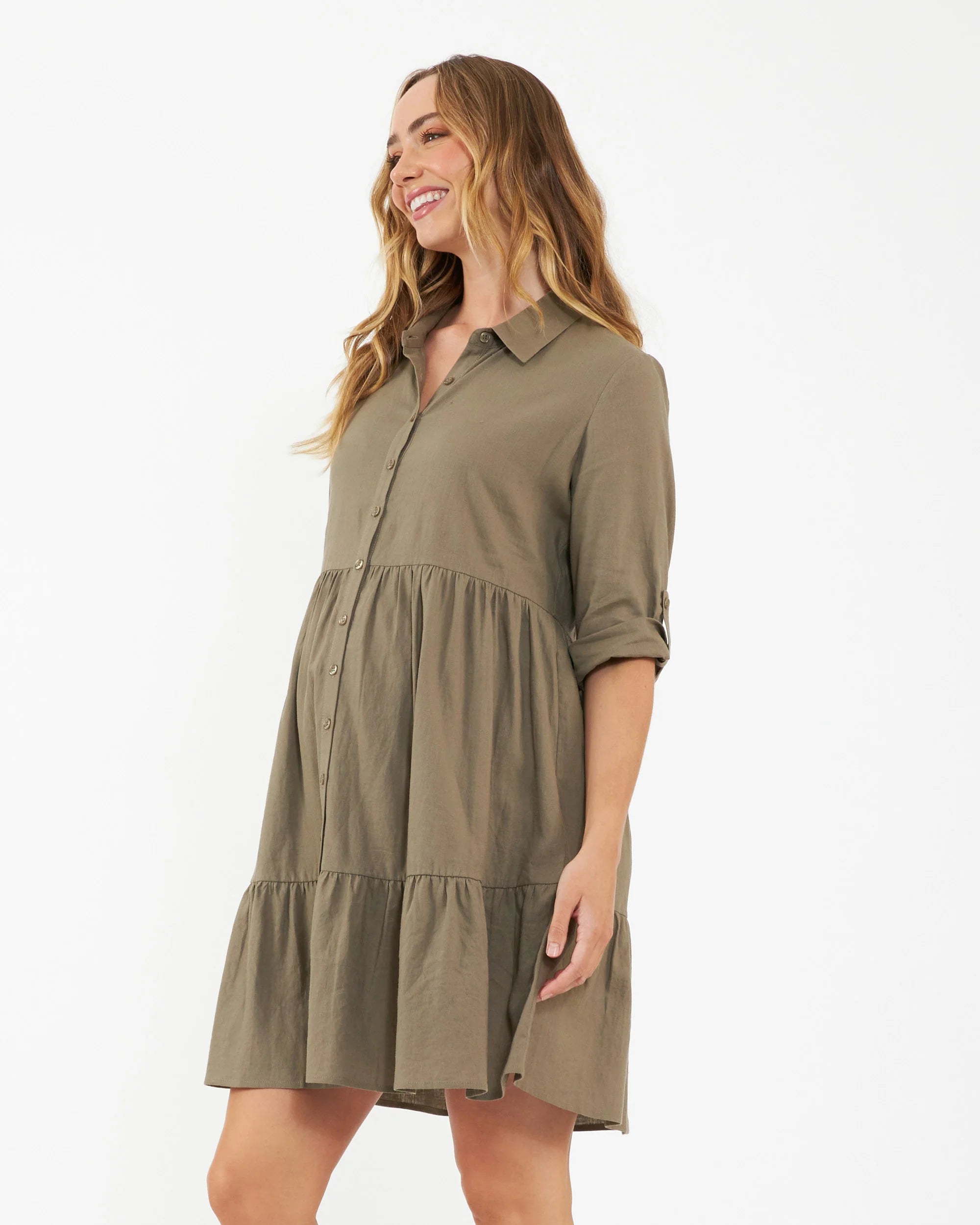 &#39;Adel&#39; Linen Maternity Dress - Olive Green