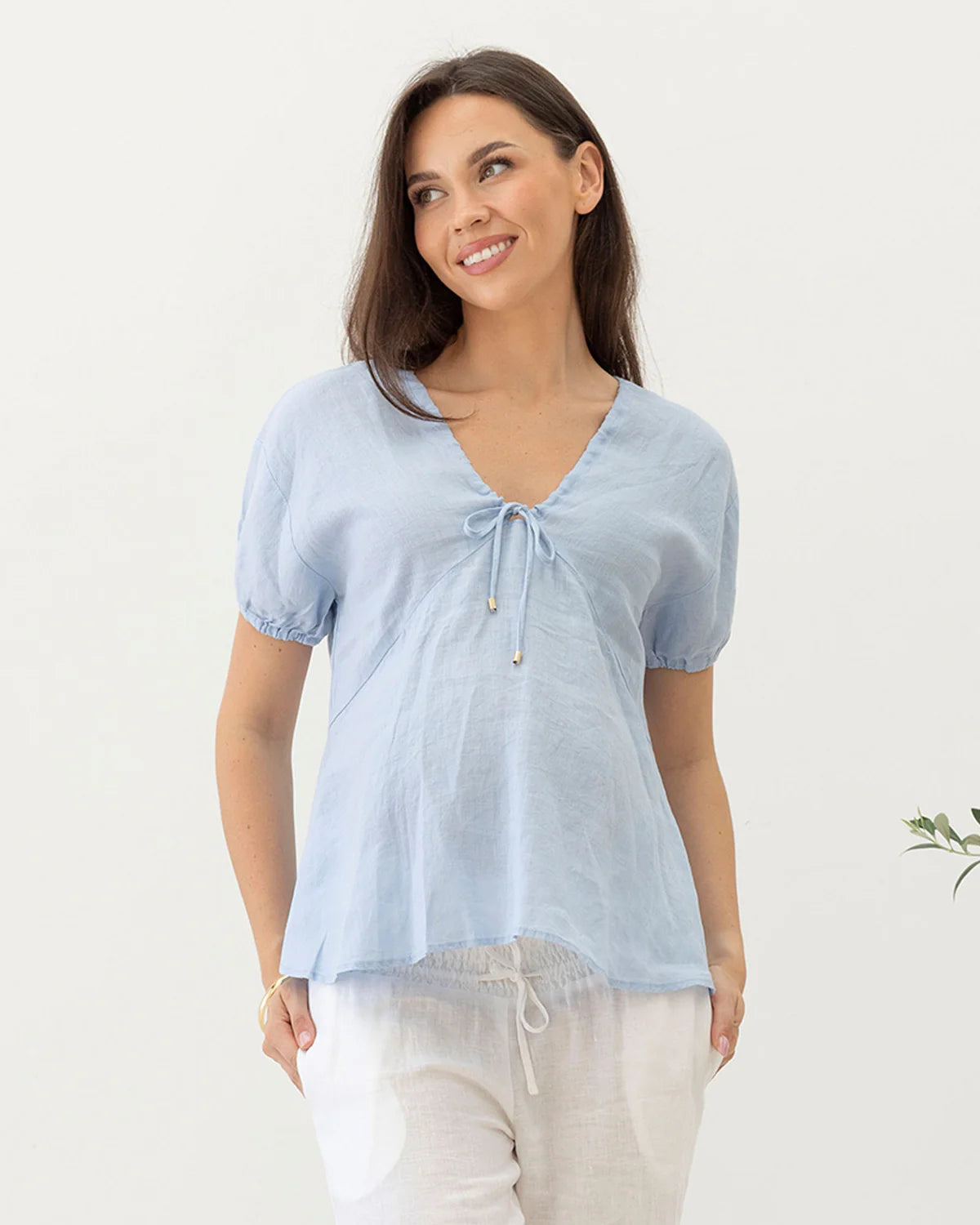 'Brigitte' Maternity Linen Top - baby blue
