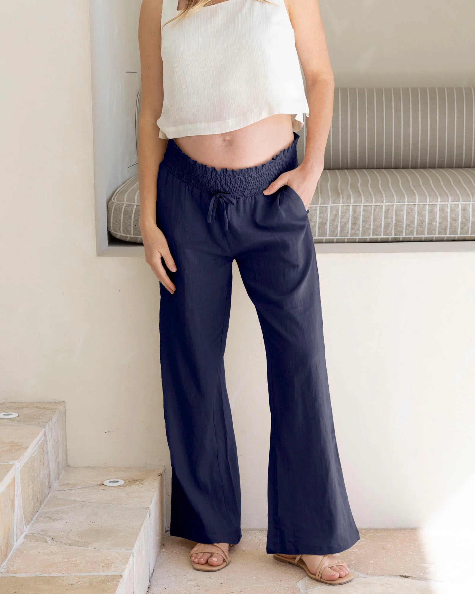 'Giulia' Wide Leg Maternity Linen Pants - Midnight Navy