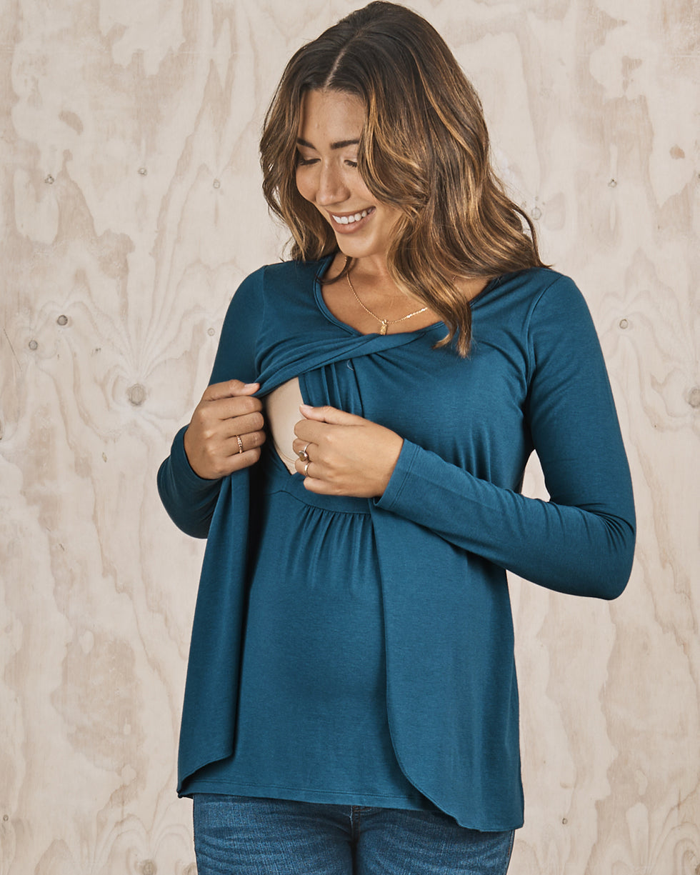 Maternity Long Sleeve Petal Front Nursing Top - Teal Blue