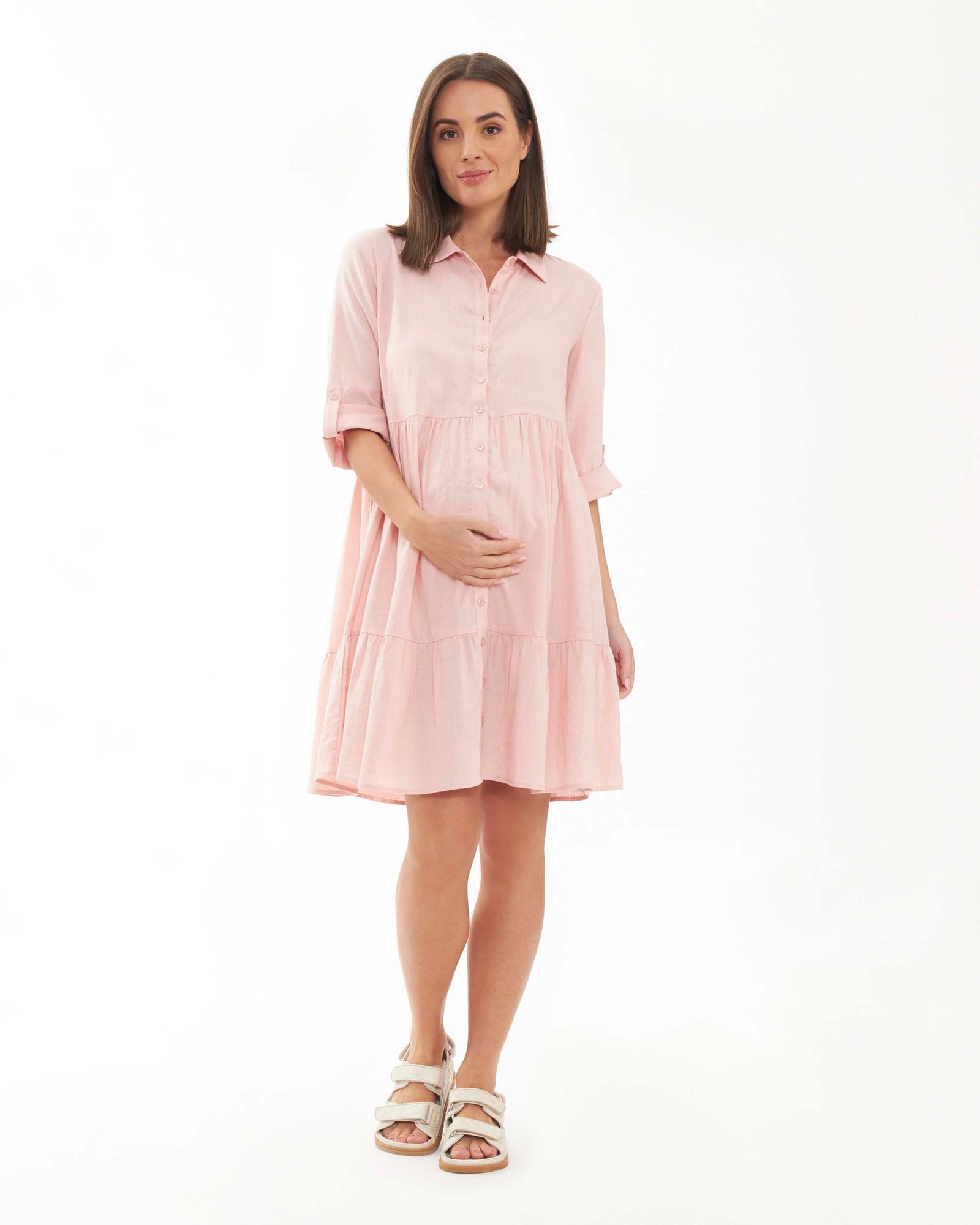 'Adel' Linen Nursing Dress - Soft Pink