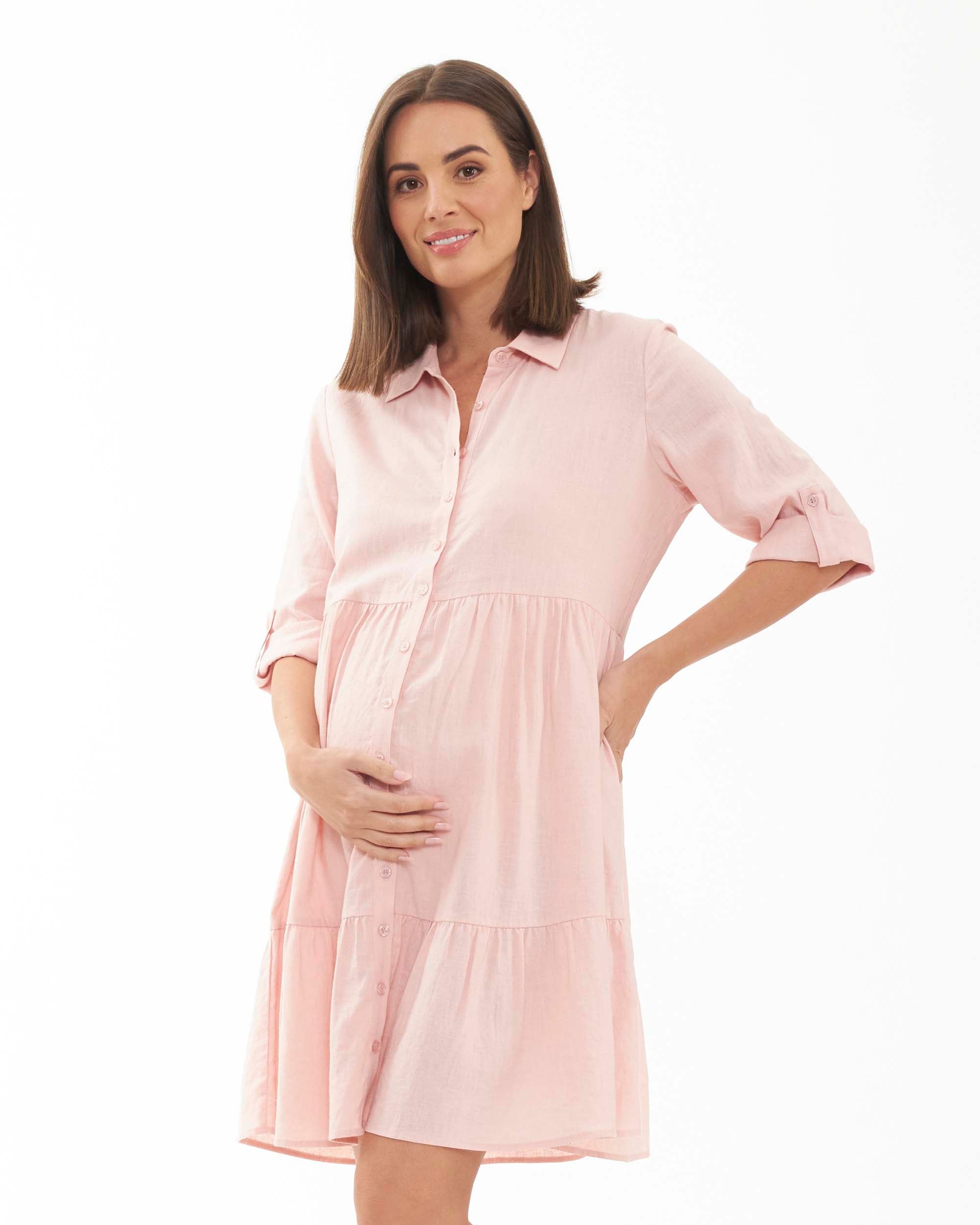&#39;Adel&#39; Linen Nursing Dress - Soft Pink