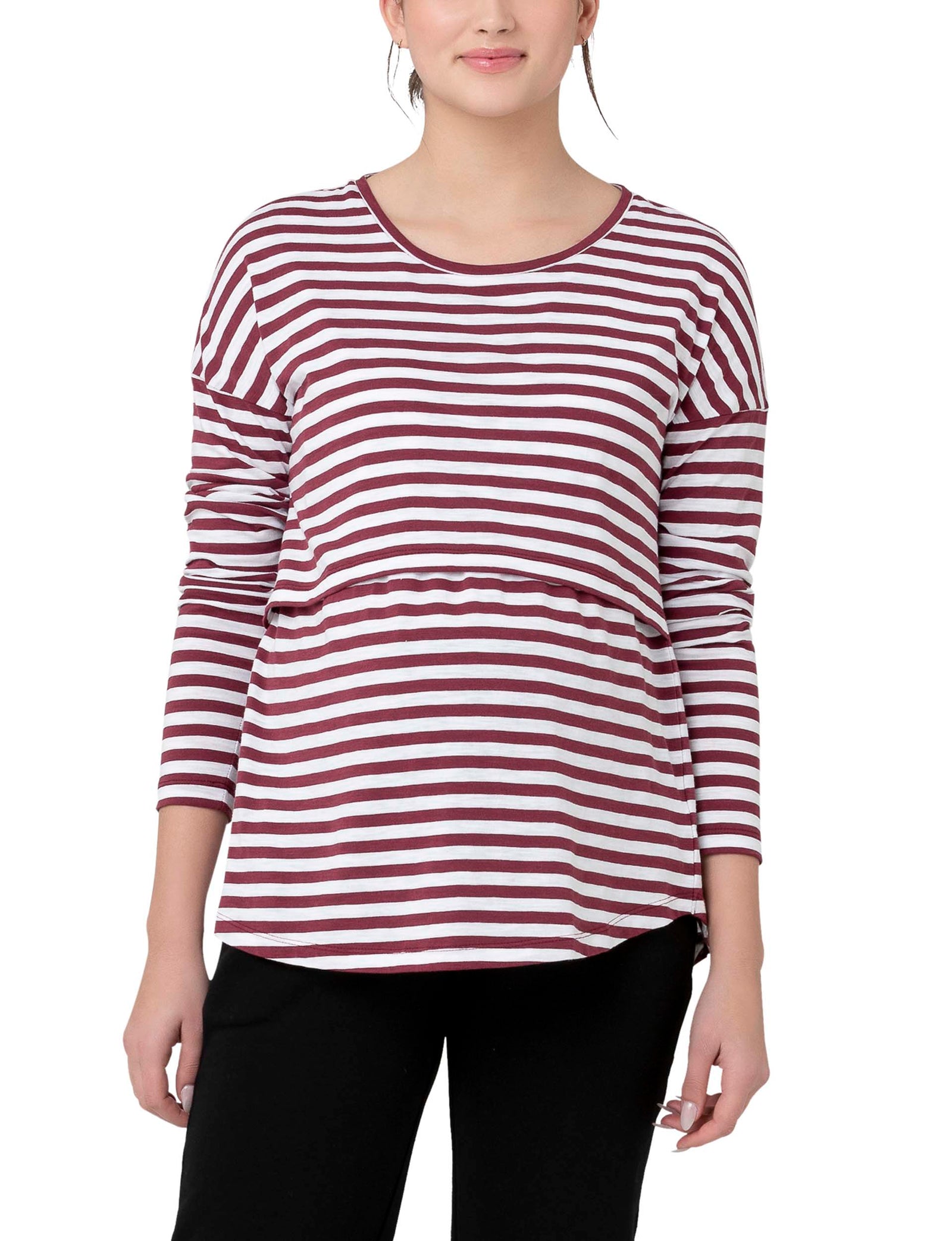 'Lionel' Long Sleeve Nursing Tee - Maroon / White