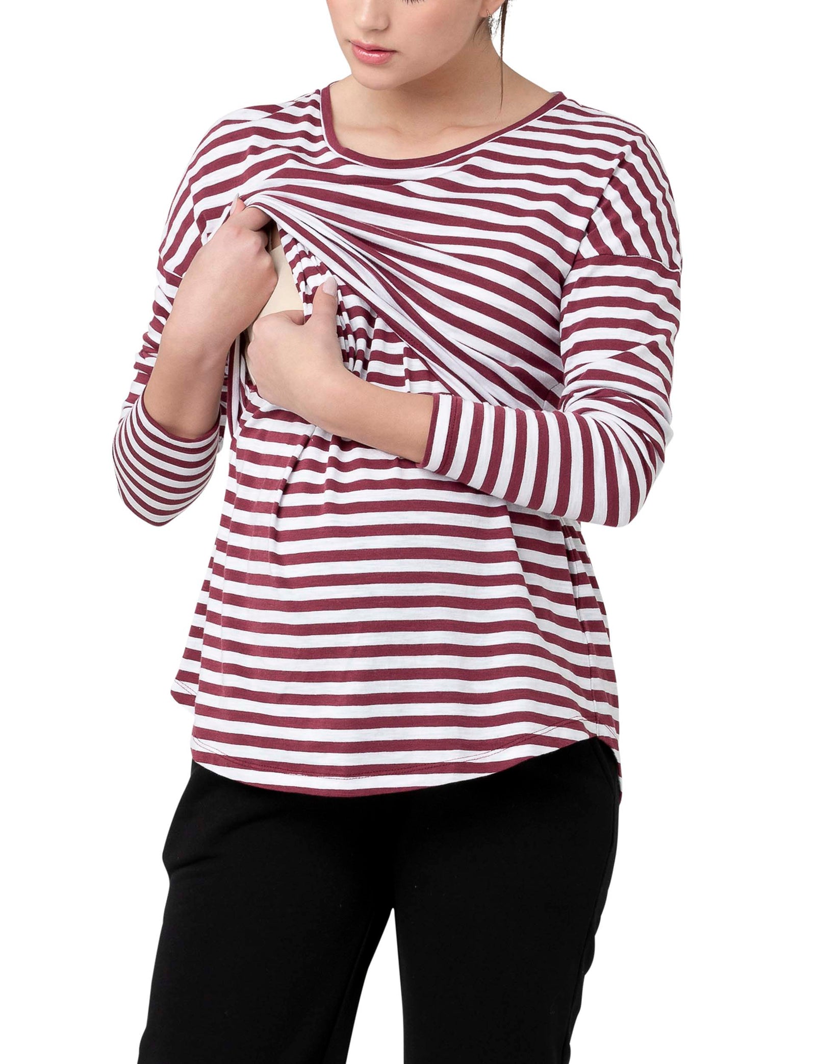 'Lionel' Long Sleeve Nursing Tee - Maroon / White