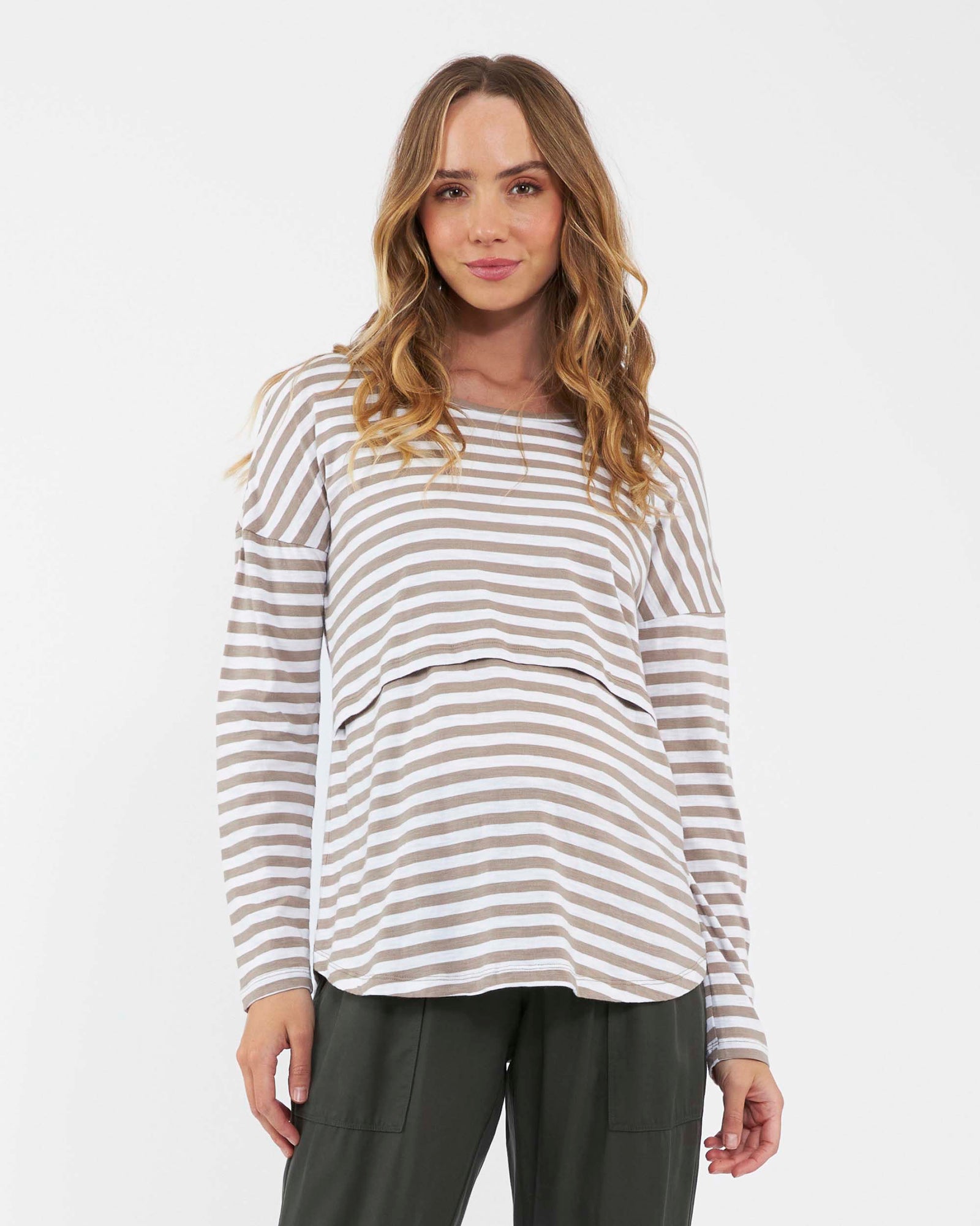 'Lionel' Long Sleeve Nursing Tee - Taupe / White