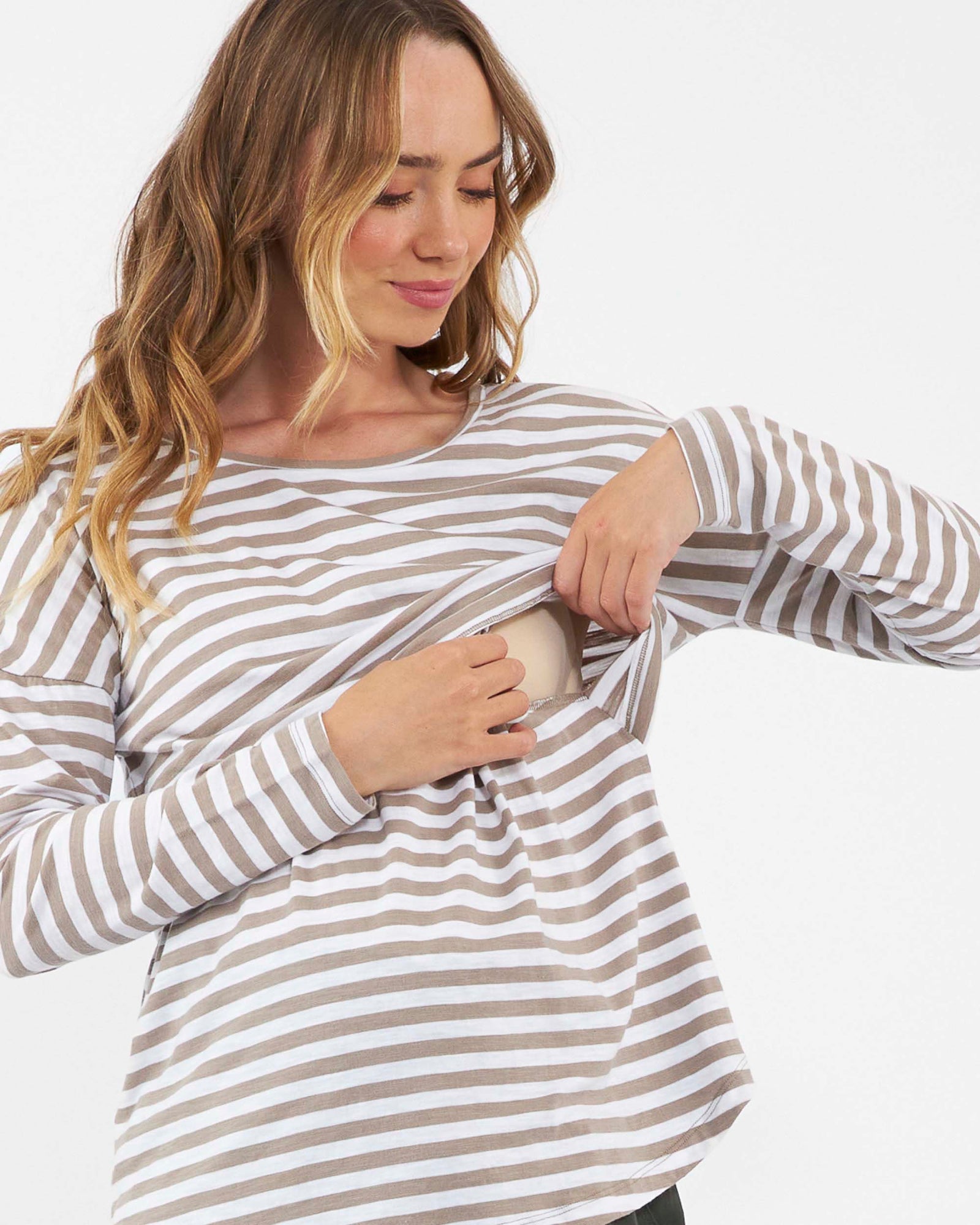'Lionel' Long Sleeve Nursing Tee - Taupe / White