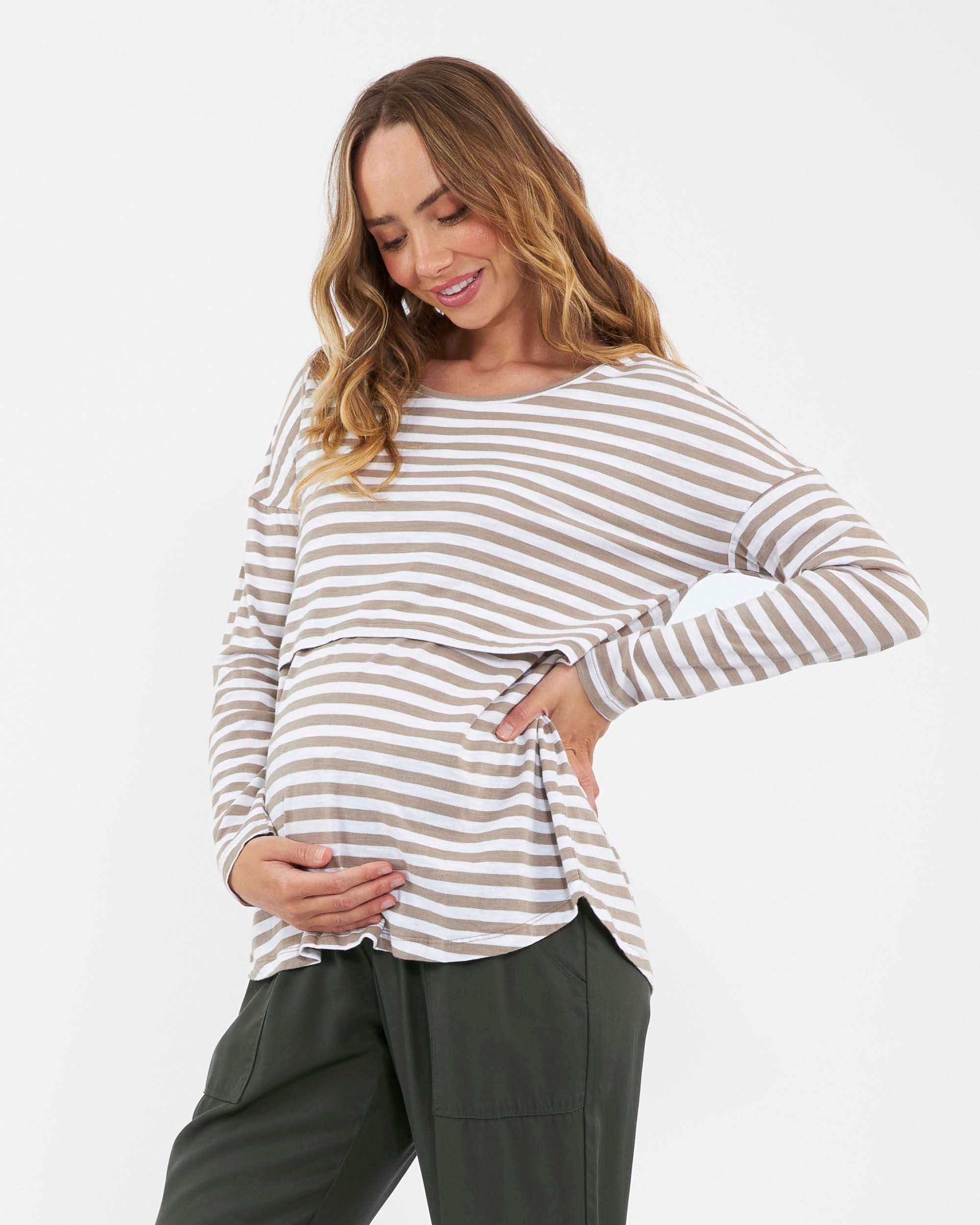 &#39;Lionel&#39; Long Sleeve Nursing Tee - Taupe / White