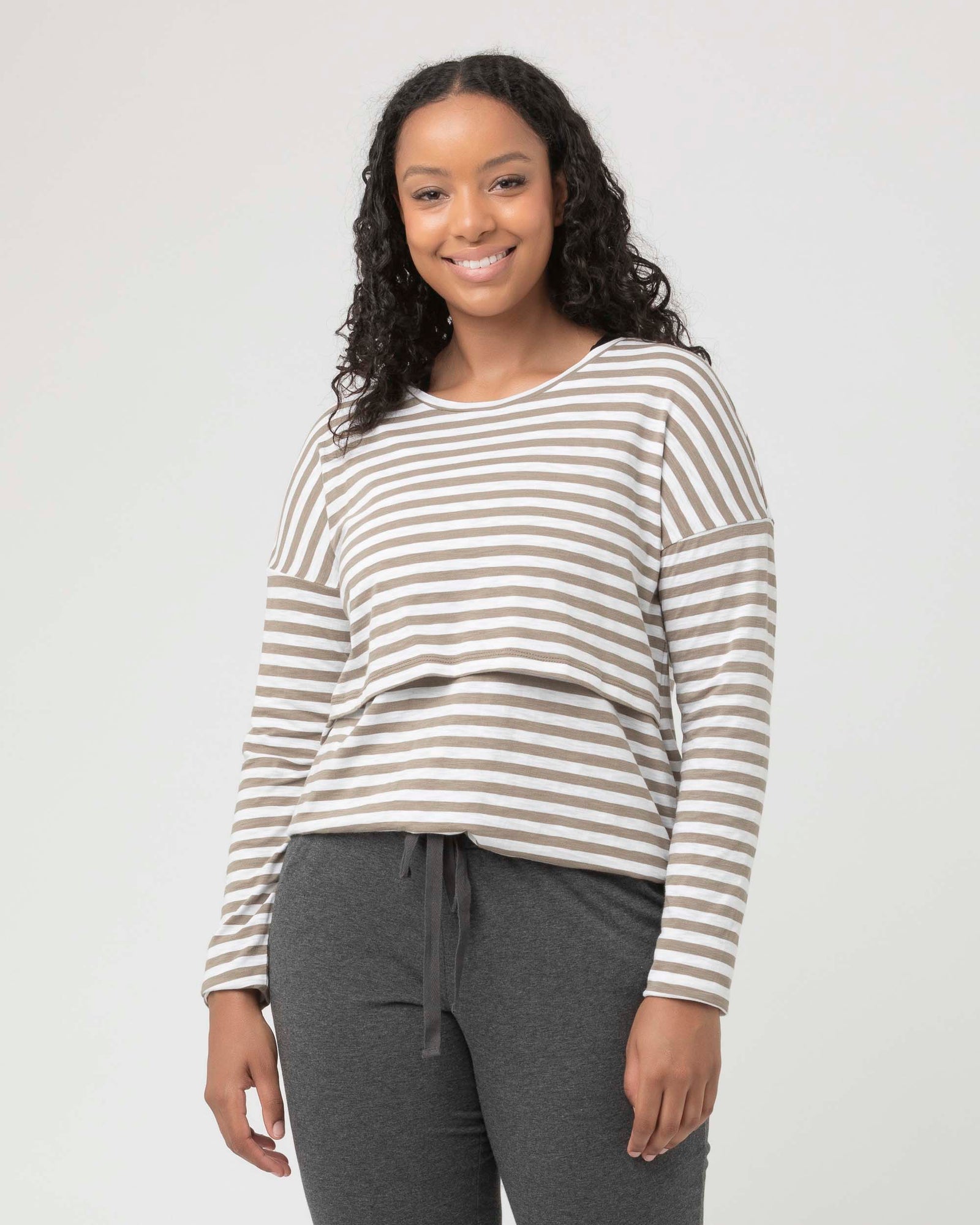 'Lionel' Long Sleeve Nursing Tee - Olive / White