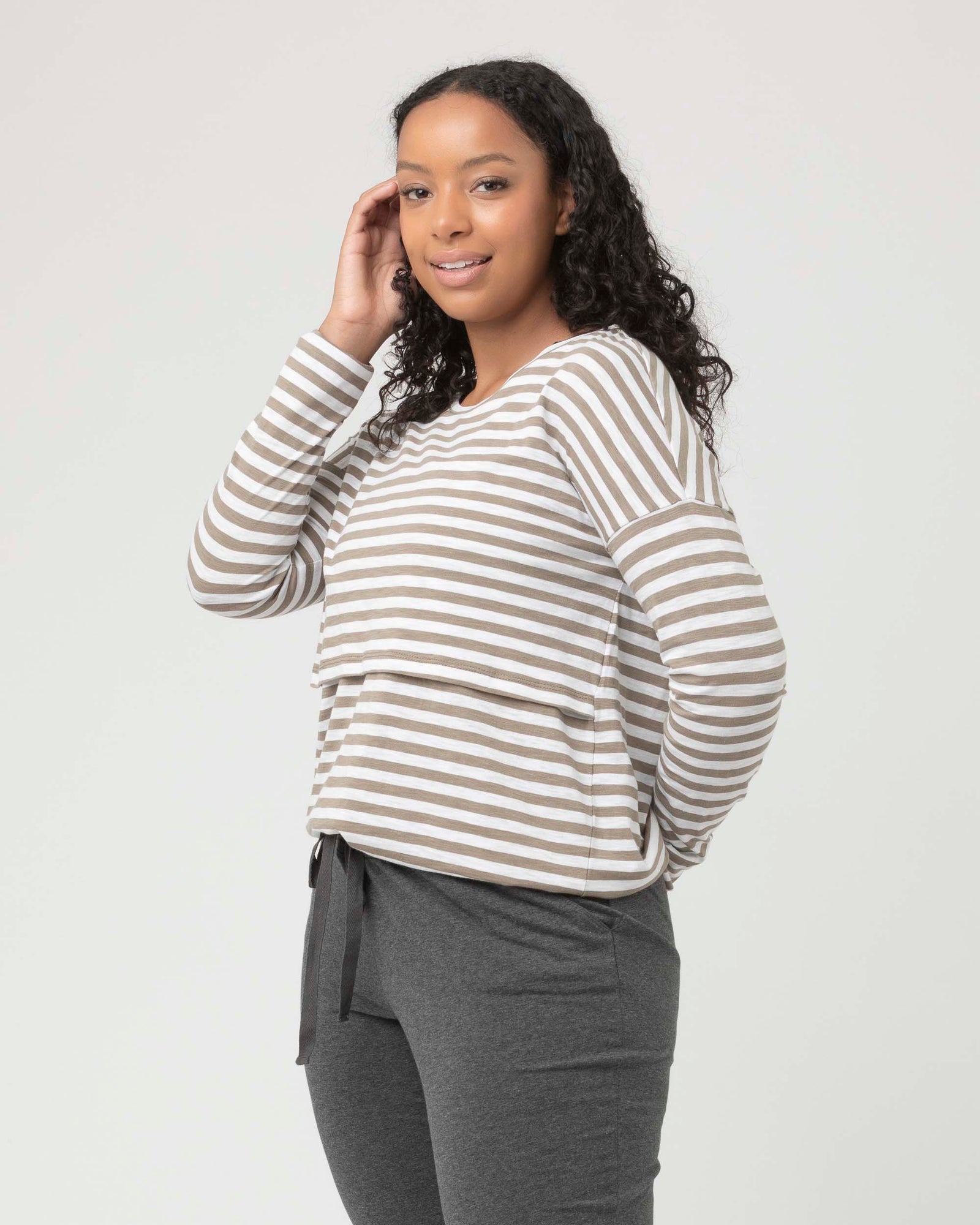 'Lionel' Long Sleeve Nursing Tee - Olive / White