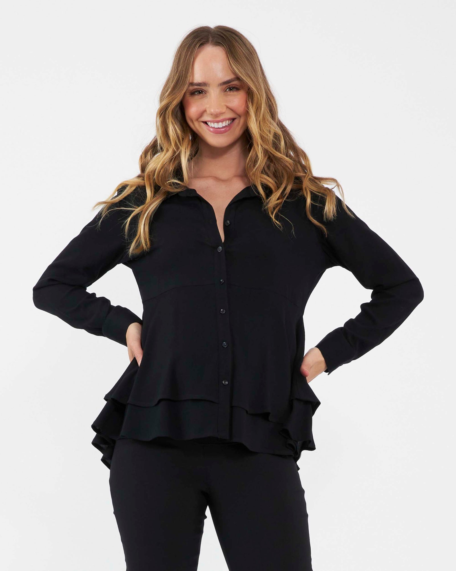 'Evelyn' Maternity Peplum Shirt - Black