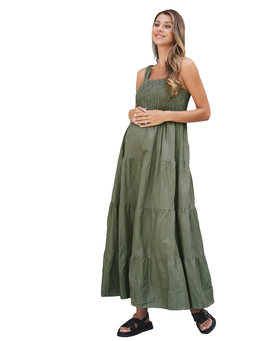 Lilliana' Linen Maternity Dress - Olive Green - Little Miracles Maternity Wear Lilliana' Linen Maternity Dress - Olive Green - Little Miracles Maternity Wear