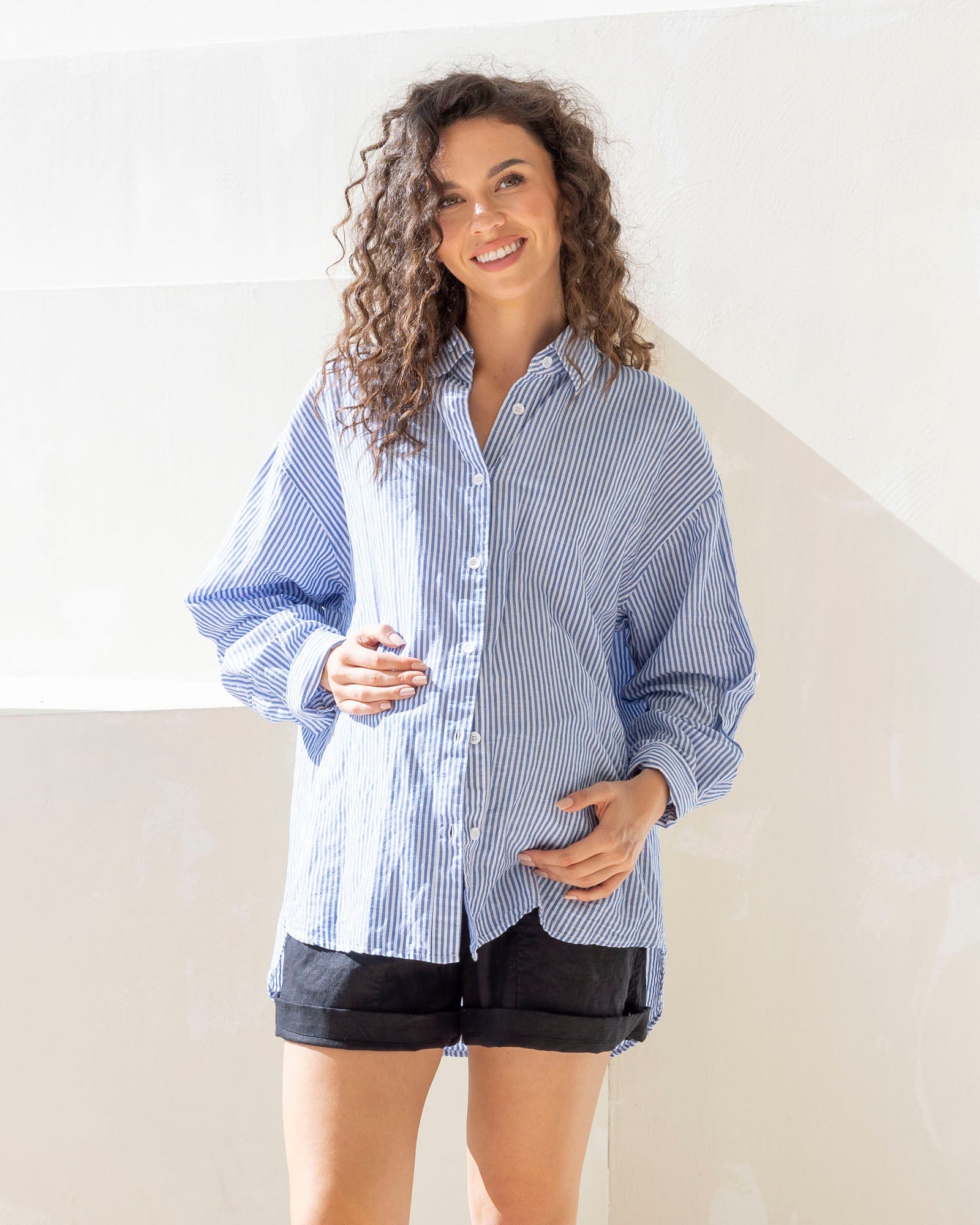 Maternity Roll Up Long Sleeve Shirt -Navy Stripe