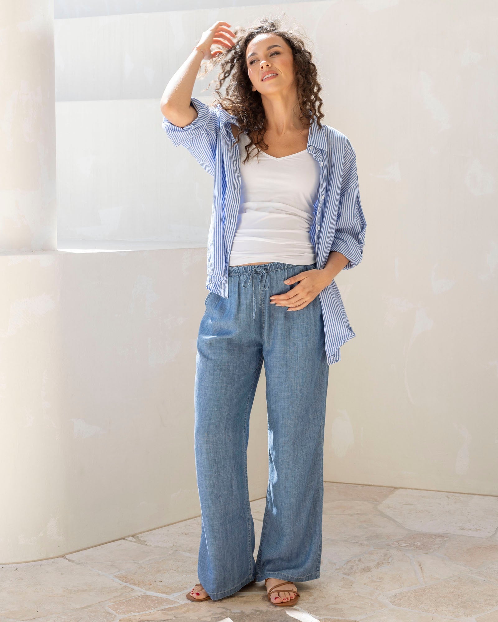 Maternity Roll Up Long Sleeve Shirt -Navy Stripe