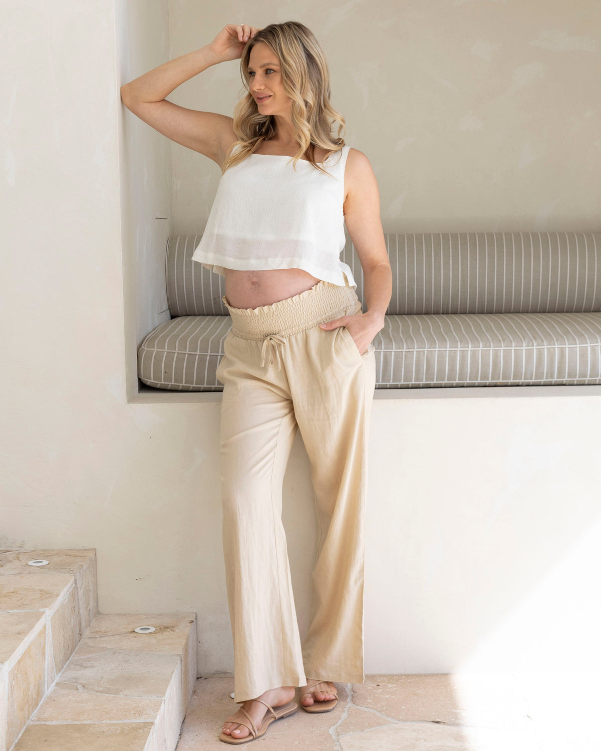 'Giulia' Wide Leg Maternity Linen Pants - White
