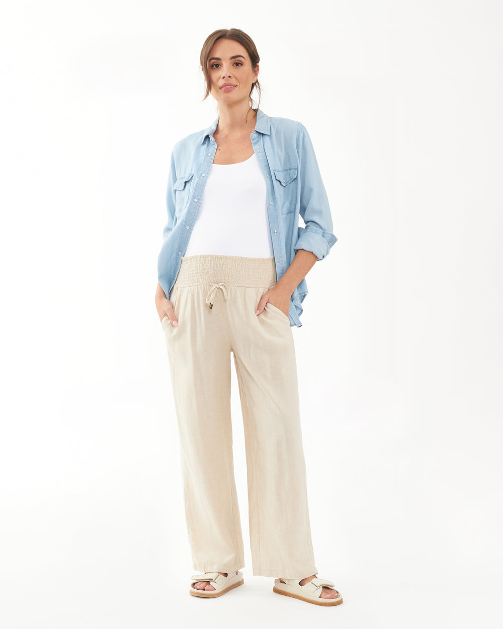 'Indi' Wide-leg Maternity Linen Pants - Natural