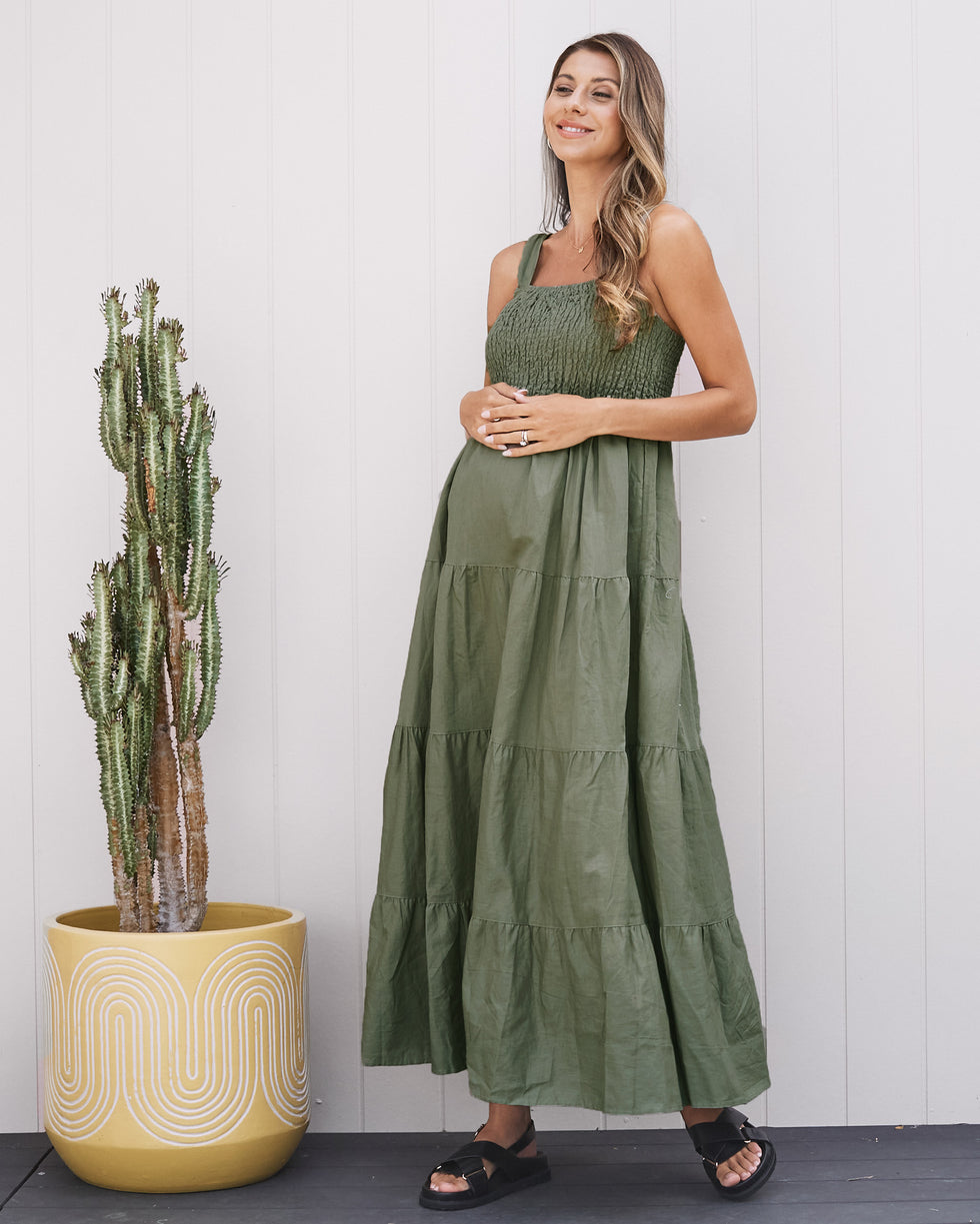 Lilliana' Linen Maternity Dress - Olive Green - Little Miracles Maternity Wear Lilliana' Linen Maternity Dress - Olive Green - Little Miracles Maternity Wear