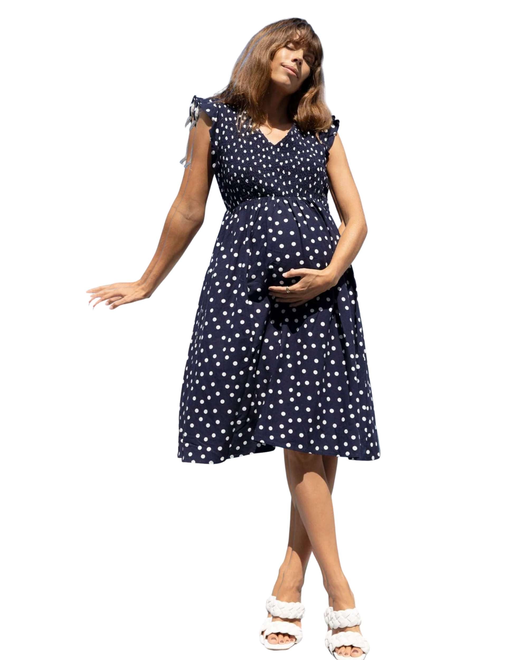 Angel Maternity 'Donna' Linen Dress - Navy Polkadot
