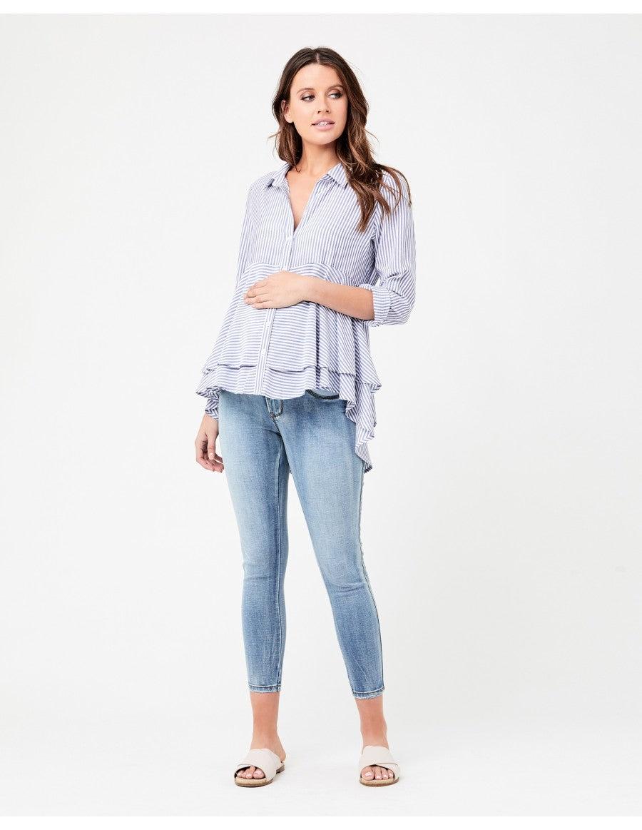 Layered Maternity Peplum Shirt - Navy / White