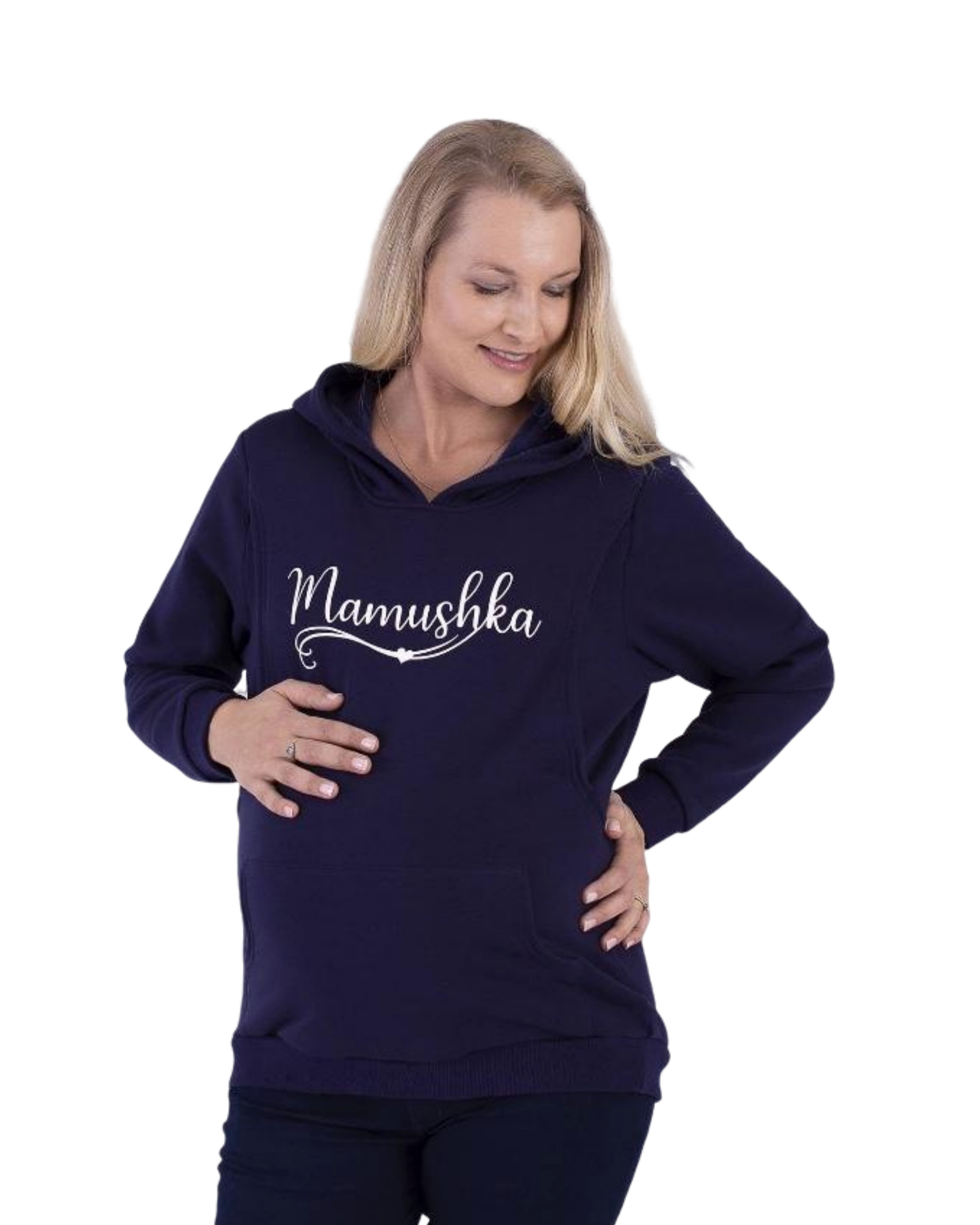 Mamushka Fleece Lined Maternity &amp; Nursing Hoodie - Navy / White Print