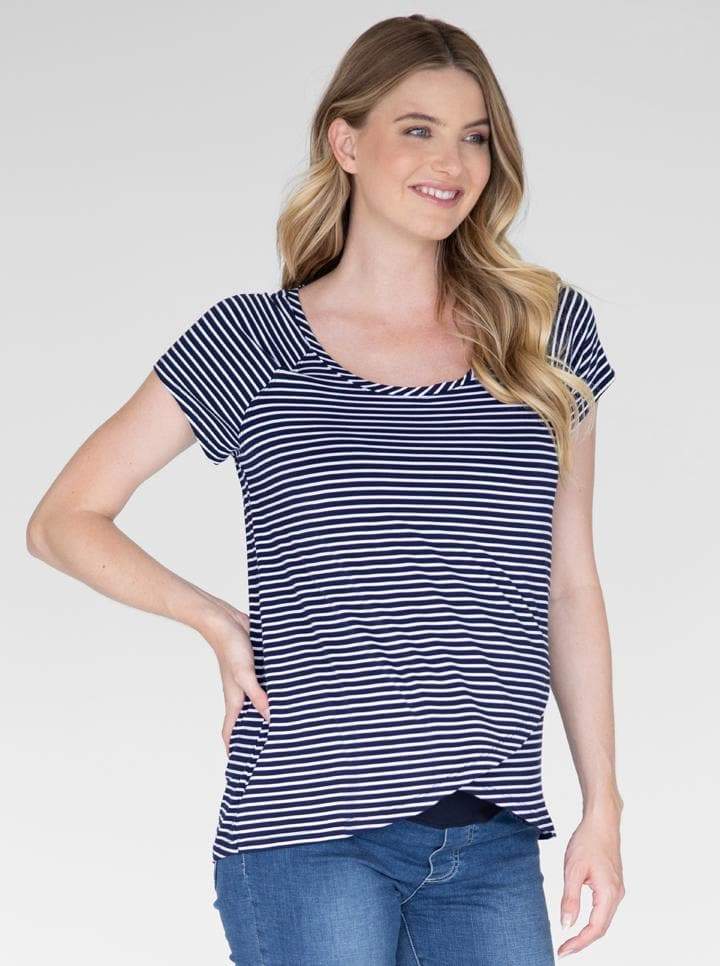 Angel Maternity Petal Front Nursing Bamboo Top - Navy Stripe