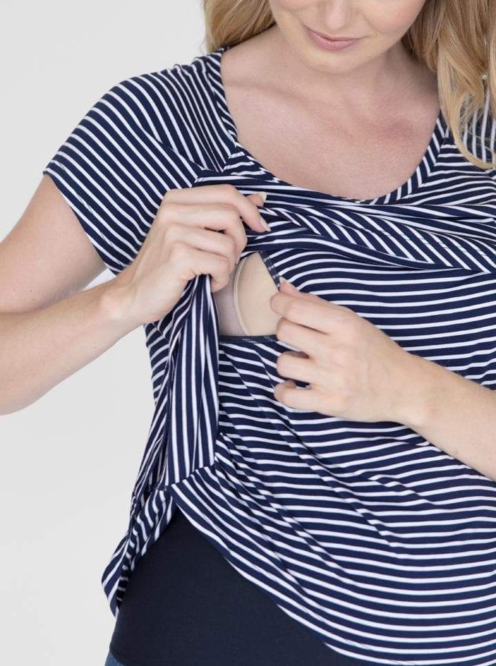 Angel Maternity Petal Front Nursing Bamboo Top - Navy Stripe
