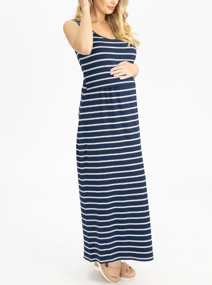 Angel Maternity 'Busy Mama' Nursing Maxi Dress - Navy Stripes