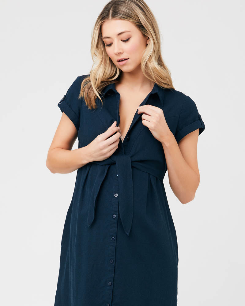 &#39;Colette&#39; Tie-Up Nursing Dress - Navy Biro