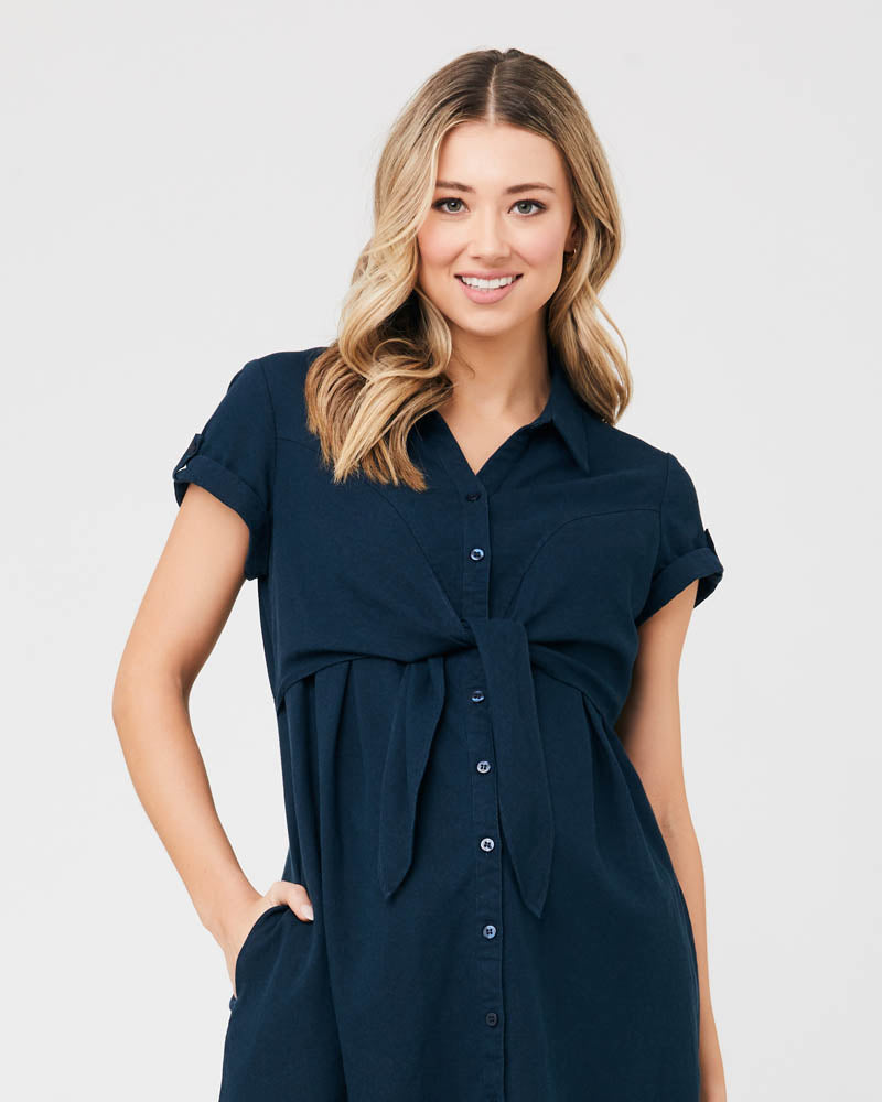 &#39;Colette&#39; Tie-Up Nursing Dress - Navy Biro