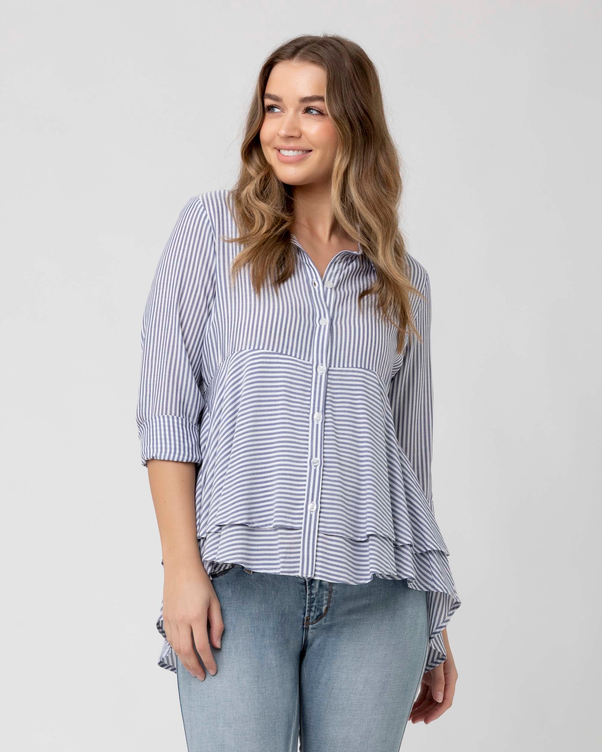 Layered Maternity Peplum Shirt - Navy / White