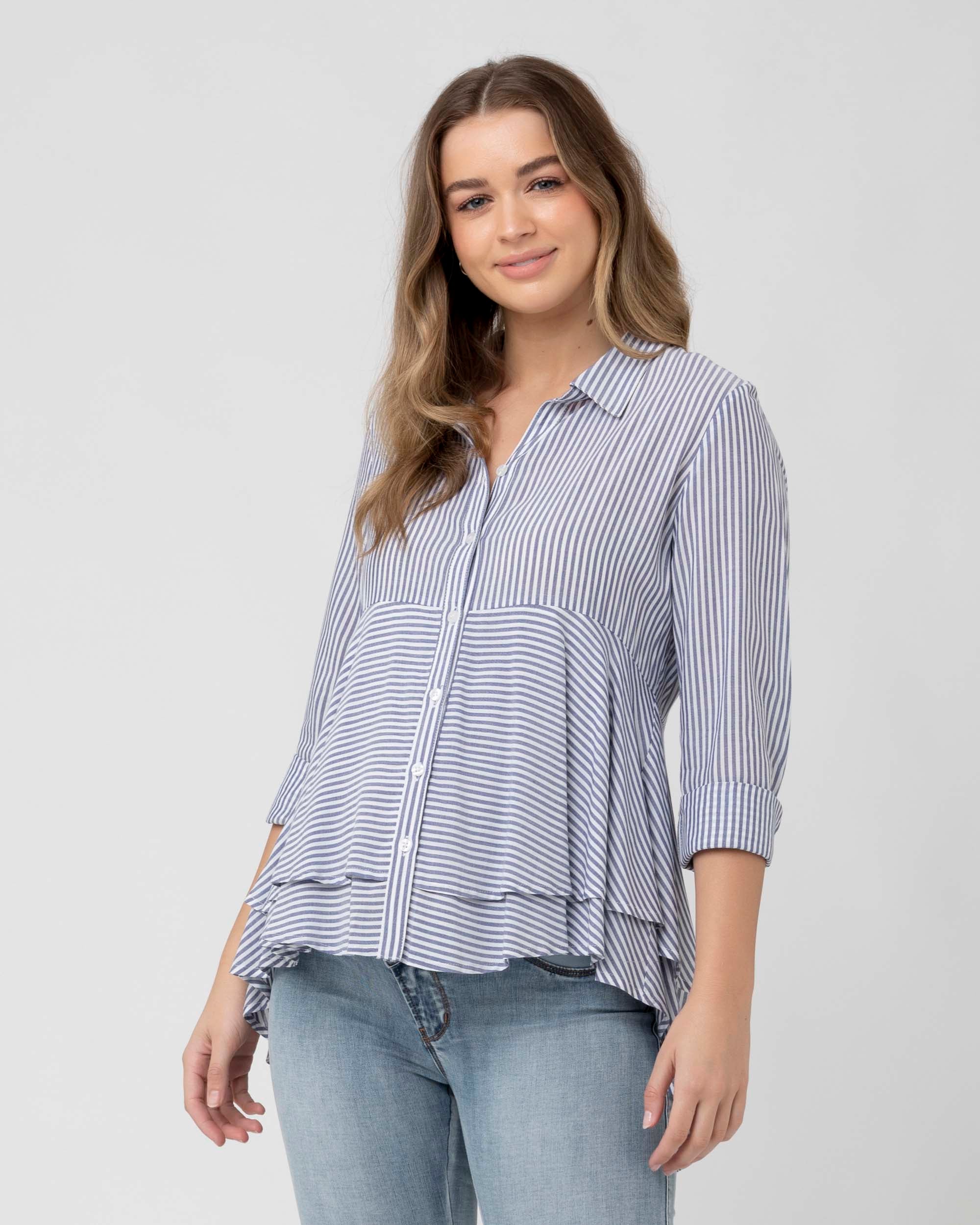 Layered Maternity Peplum Shirt - Navy / White