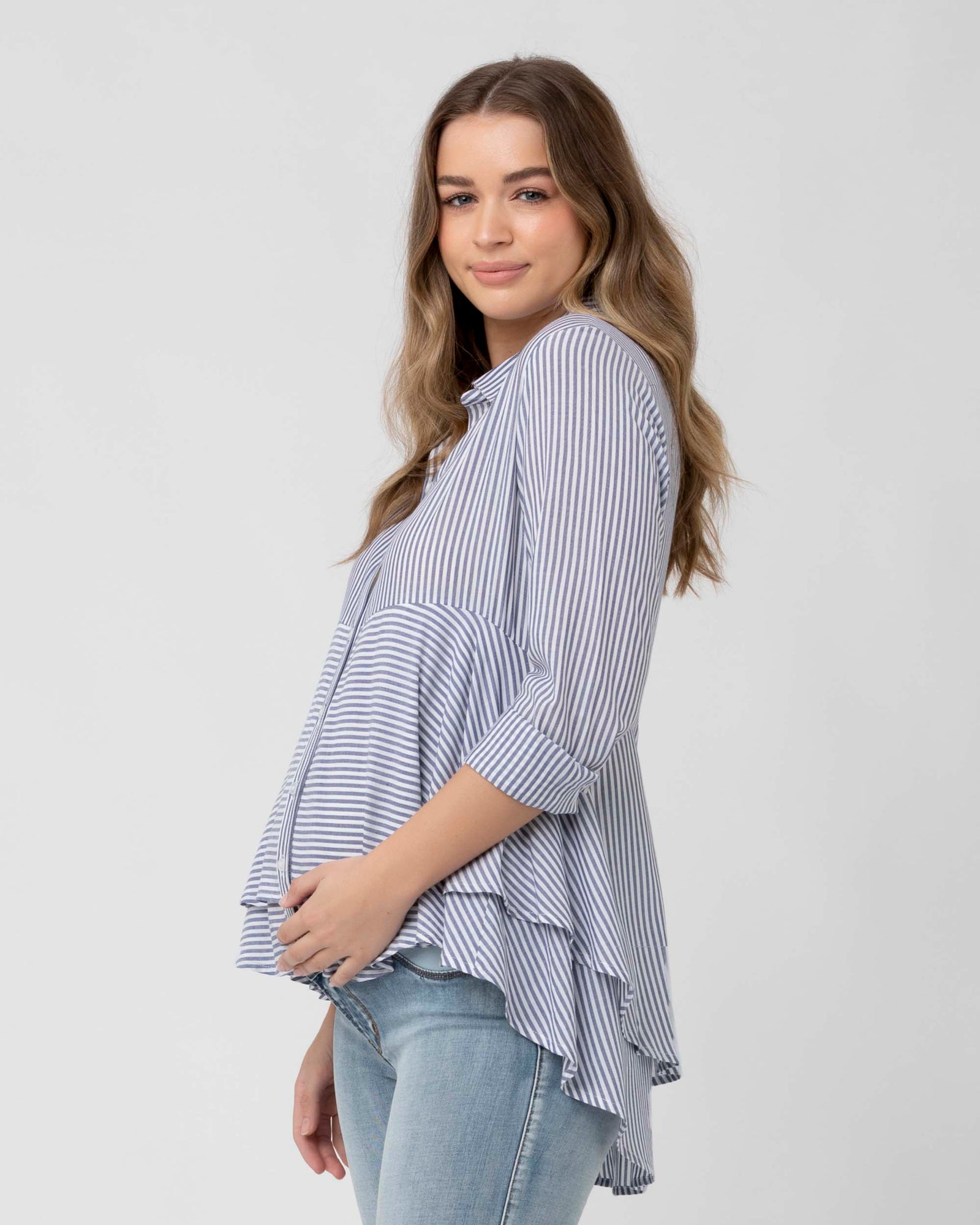 Layered Maternity Peplum Shirt - Navy / White