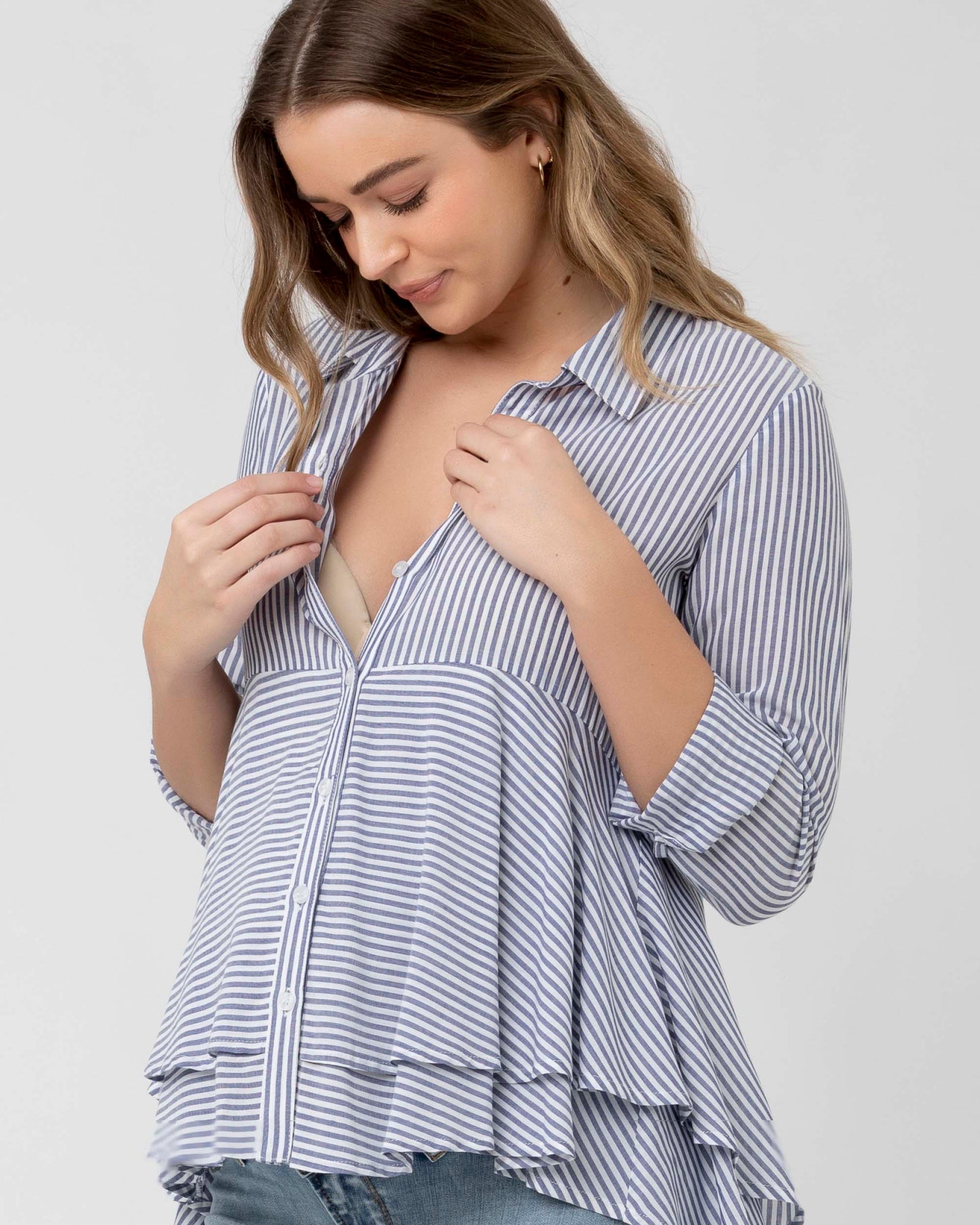 Layered Maternity Peplum Shirt - Navy / White