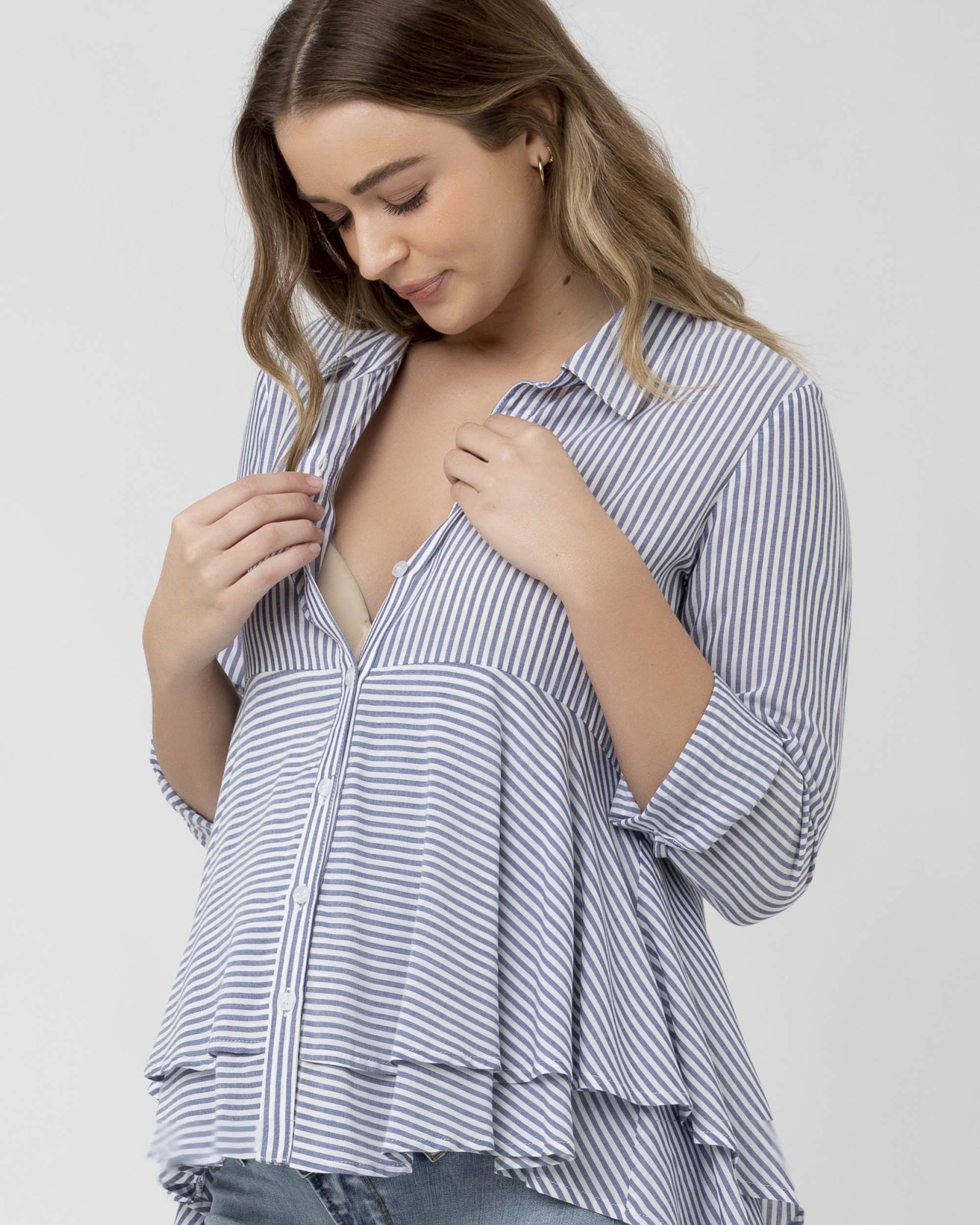 Ripe Maternity Stripe Layered Peplum Shirt - Navy / White