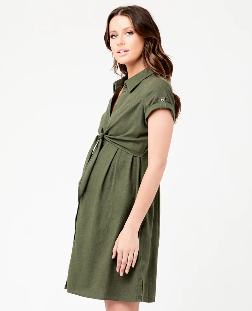 'Colette' Tie-Up Maternity Dress - Olive Green